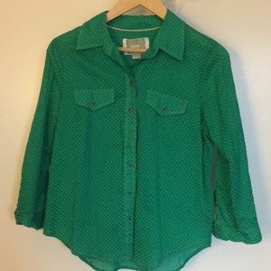 Maeve green button down shirt w/ white polka dots